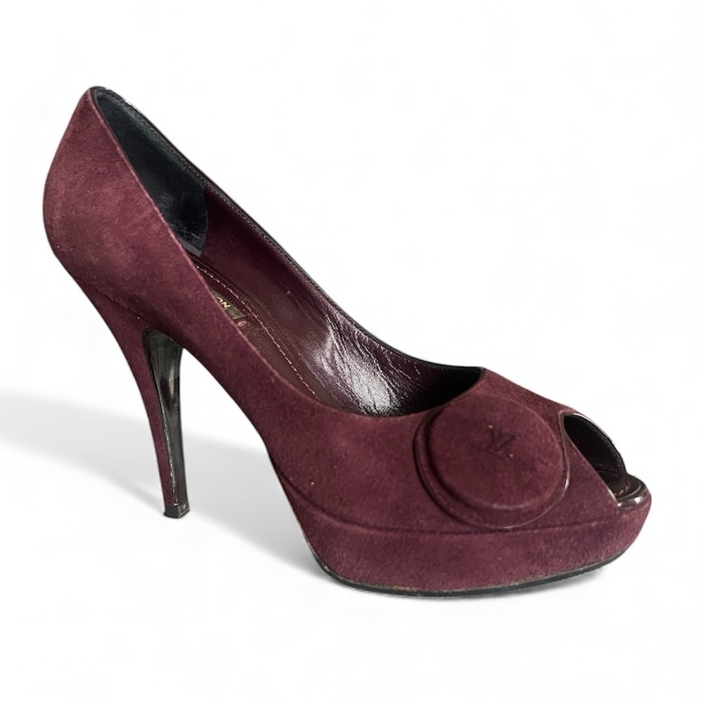 LOUIS VUITTON Size 36.5 Aubergine Purple Suede Chelsea Peep Toe Pumps